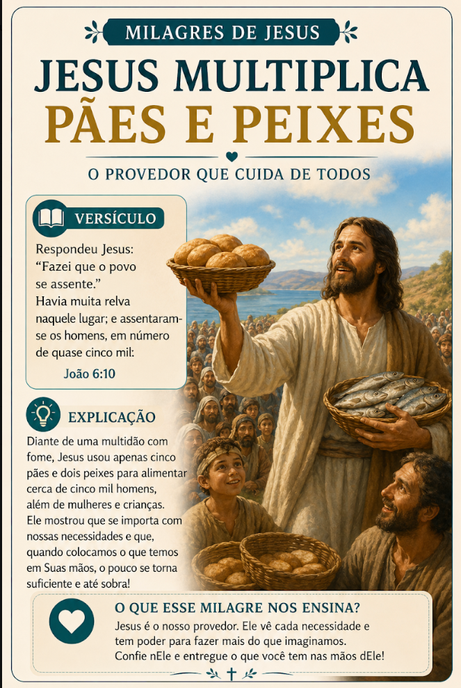 Card Milagres de Jesus — Jesus multiplica pães e peixes